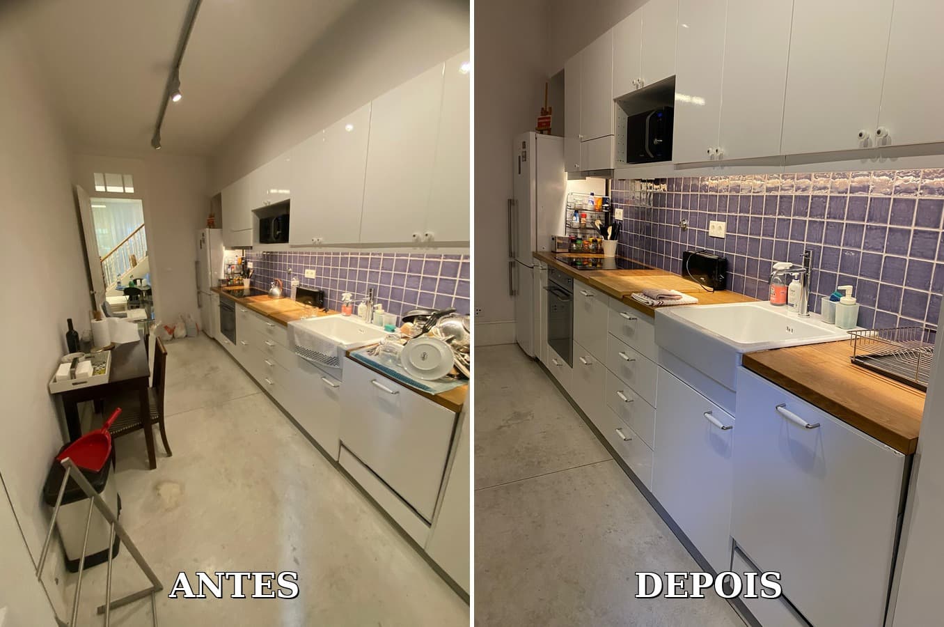 Antes e depois real de uma limpeza de cozinha realizada pela Sirvo-Te