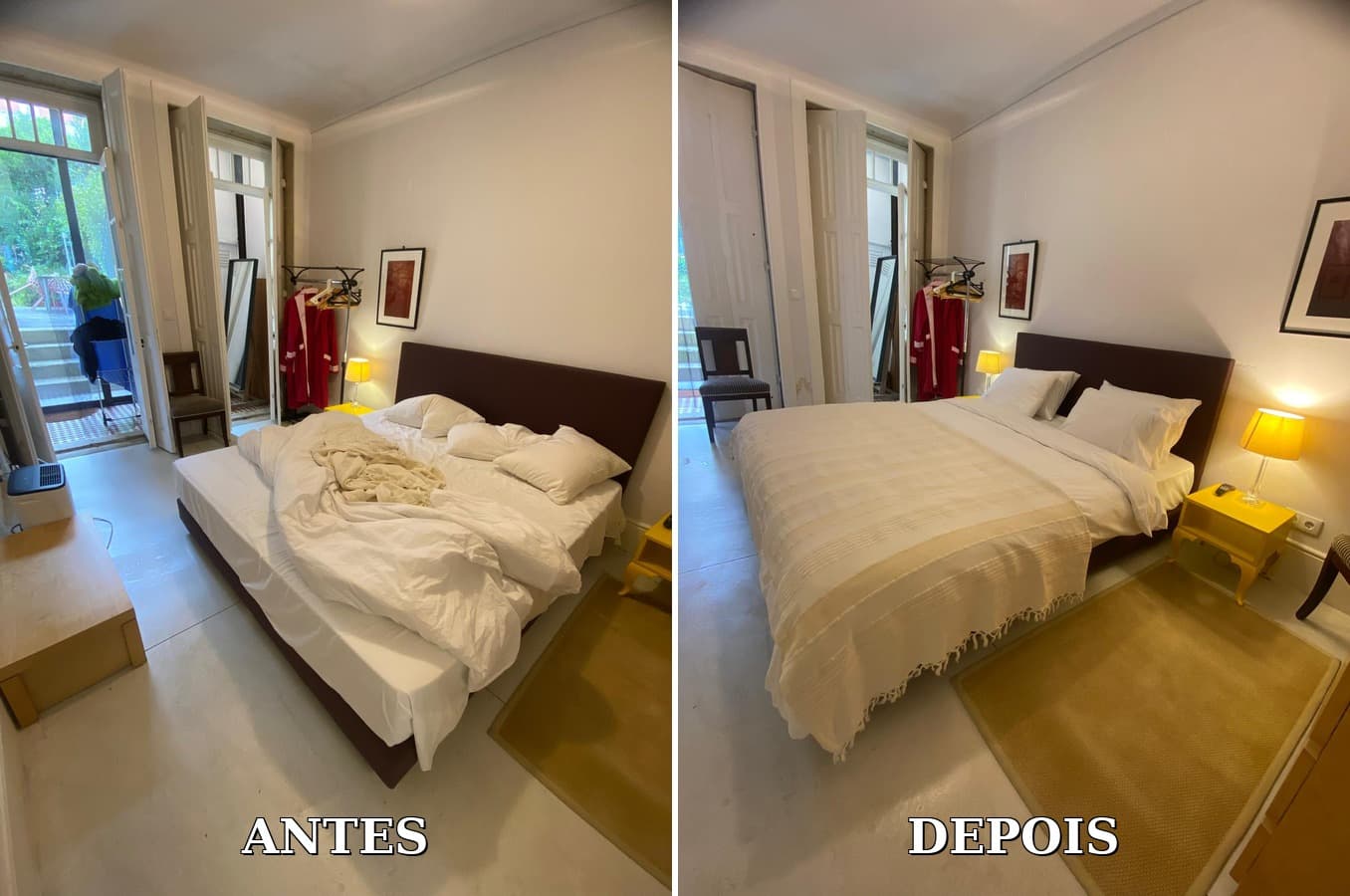 Antes e depois real da preparação e limpeza de um quarto